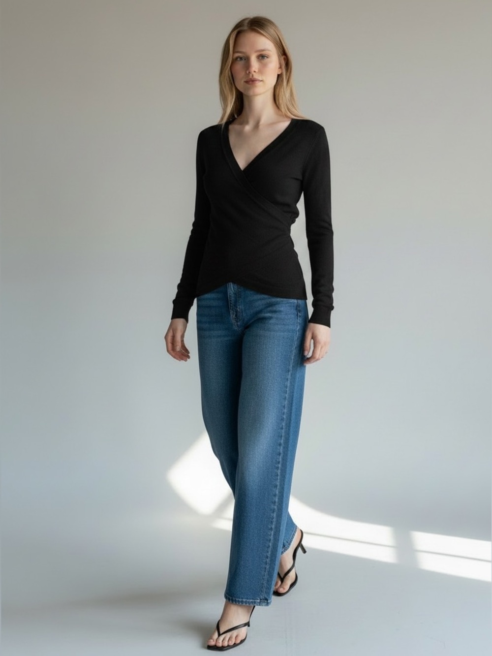 Ricki’s Wrap Front Sweater Deep V  Neckline Thin Knit Stretch Fit Black Size XS